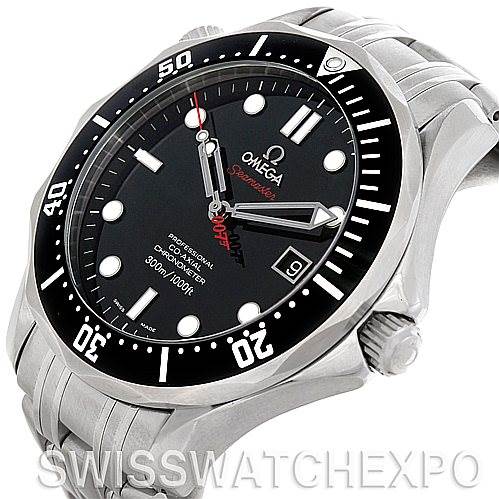 This image shows the Omega Seamaster 212.30.41.20.01.001 Men's Stainless Steel Black Dial 212.30.41.20.01.001 Men's Stainless Steel Black Dial watch from a slightly elevated angle, displaying the dial, bezel, and part of the bracelet.