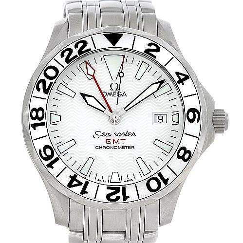 The image shows a front view of an Omega Seamaster 2538.20.00 Men
s Stainless Steel White Dial 2538.20.00 Men
s Stainless Steel White Dial GMT watch, including the dial, hands, bezel, and bracelet.