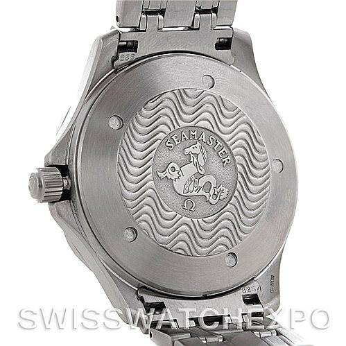 The image shows the back case of an Omega Seamaster 2538.20.00 Men
s Stainless Steel White Dial 2538.20.00 Men
s Stainless Steel White Dial watch, highlighting the engraved design and the metal bracelet.