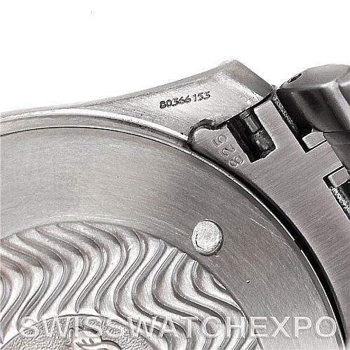 This image shows a close-up of the case back and part of the bracelet of the Omega Seamaster 2538.20.00 Men
s Stainless Steel White Dial 2538.20.00 Men
s Stainless Steel White Dial watch.