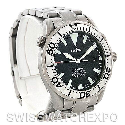 This image shows a front angle of an Omega Seamaster 2231.50.00 Titanium Black Dial 2231.50.00 Titanium Black Dial watch, highlighting its dial, bezel, and bracelet.