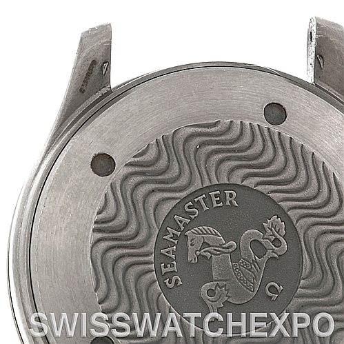 This image shows the back case of an Omega Seamaster 2231.50.00 Titanium Black Dial 2231.50.00 Titanium Black Dial watch, highlighting the engraved logo and lugs.