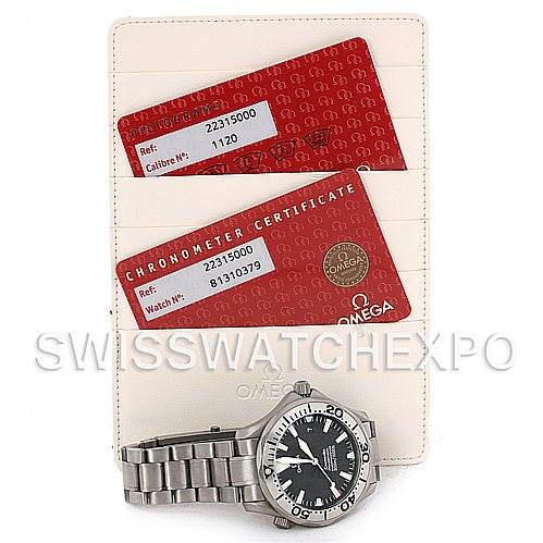 The image shows an Omega Seamaster 2231.50.00 Titanium Black Dial 2231.50.00 Titanium Black Dial watch and its chronometer certificate cards positioned at the top.