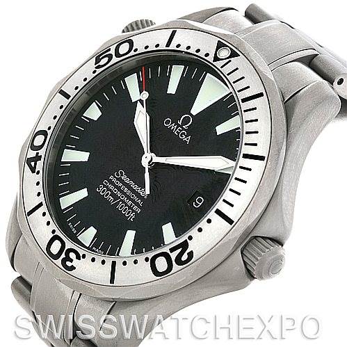 This is an angled view of an Omega Seamaster 2231.50.00 Titanium Black Dial 2231.50.00 Titanium Black Dial watch, showing the dial, bezel, crown, and part of the stainless steel bracelet.