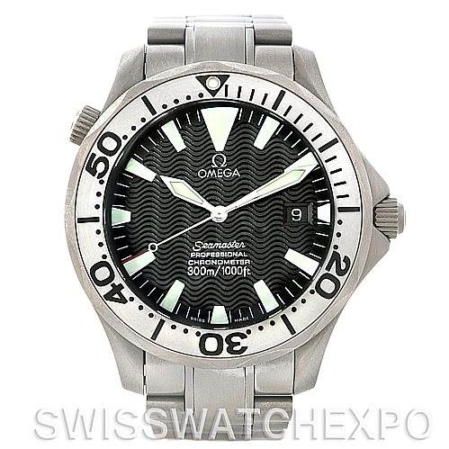 The image shows a front view of the Omega Seamaster 2231.50.00 Titanium Black Dial 2231.50.00 Titanium Black Dial watch, featuring the dial, bezel, and part of the bracelet.