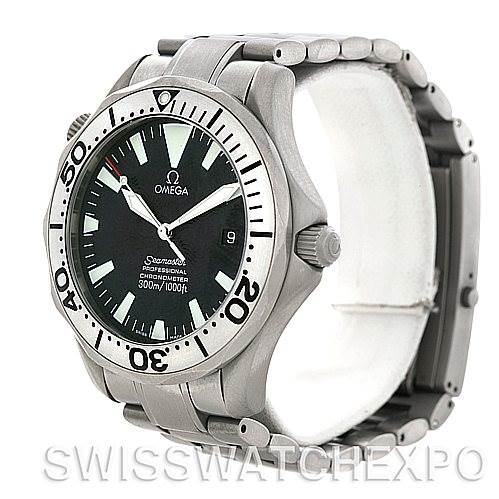 The image shows a side angle of the Omega Seamaster 2231.50.00 Titanium Black Dial 2231.50.00 Titanium Black Dial watch, highlighting its bezel, dial, and bracelet.