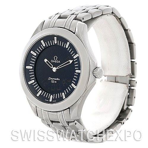 This image shows a side angle of an Omega Seamaster 2521.81.00 Men's Stainless Steel Blue Dial 2521.81.00 Men's Stainless Steel Blue Dial watch, highlighting the dial, bezel, and metal bracelet.