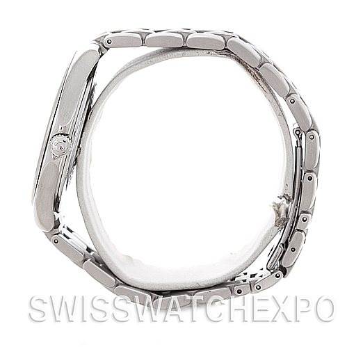 The image shows the Omega Seamaster 2521.81.00 Men's Stainless Steel Blue Dial 2521.81.00 Men's Stainless Steel Blue Dial watch from a profile angle, highlighting the side of the case and the bracelet.