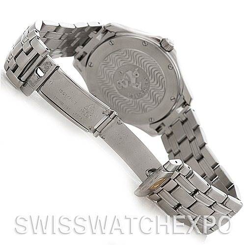 The image shows the back and open clasp of an Omega Seamaster 2521.81.00 Men's Stainless Steel Blue Dial 2521.81.00 Men's Stainless Steel Blue Dial watch with its stainless steel bracelet.