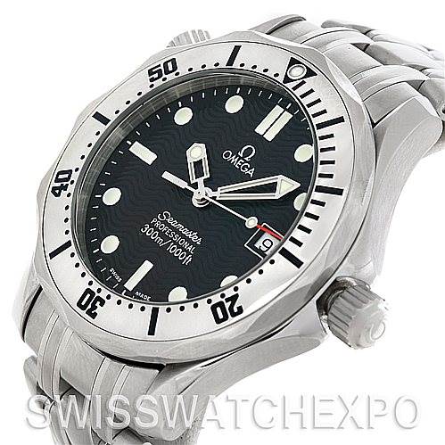 The image shows an angled side view of an Omega Seamaster 2562.80.00 Men's Stainless Steel Blue Dial 2562.80.00 Men's Stainless Steel Blue Dial watch, highlighting its dial, bezel, crown, and bracelet.