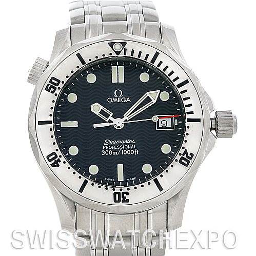 The image shows a front angle of the Omega Seamaster 2562.80.00 Men's Stainless Steel Blue Dial 2562.80.00 Men's Stainless Steel Blue Dial watch, displaying the dial, bezel, and part of the bracelet.