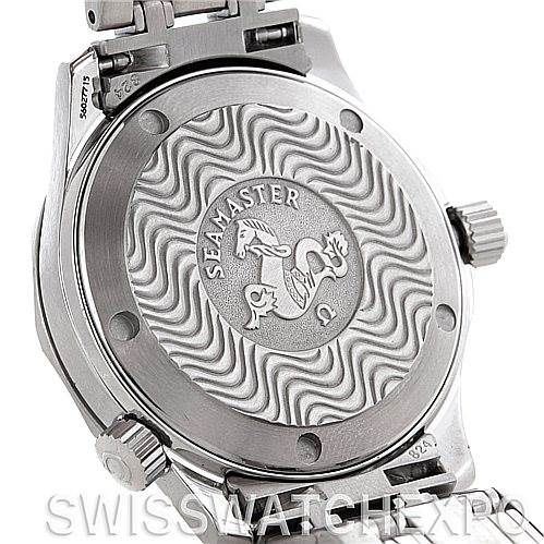 The image shows the back case of an Omega Seamaster 2562.80.00 Men's Stainless Steel Blue Dial 2562.80.00 Men's Stainless Steel Blue Dial watch, highlighting its engraved design and clasp mechanism.