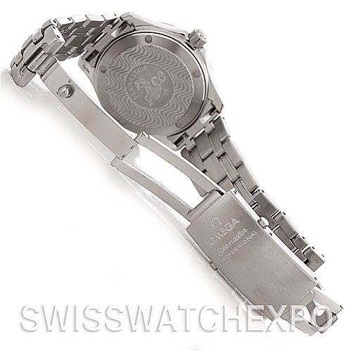 The image shows the back view and partially open clasp of an Omega Seamaster 2562.80.00 Men's Stainless Steel Blue Dial 2562.80.00 Men's Stainless Steel Blue Dial watch.