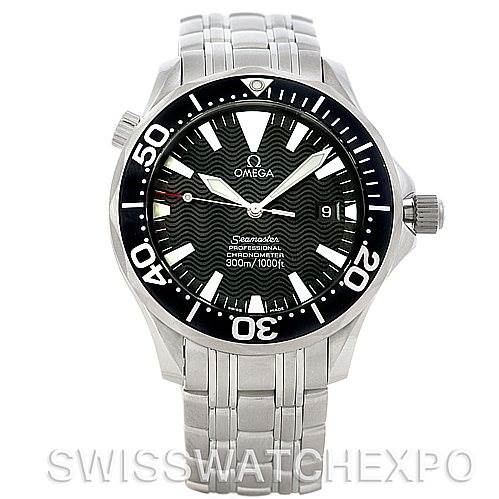 The image shows a front view of an Omega Seamaster 2254.50.00 Men's Stainless Steel Black Dial 2254.50.00 Men's Stainless Steel Black Dial watch displaying its dial, bezel, hands, and bracelet.