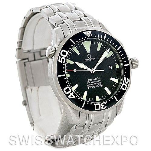 The Omega Seamaster 2254.50.00 Men's Stainless Steel Black Dial 2254.50.00 Men's Stainless Steel Black Dial watch is shown at a three-quarter angle, featuring the bezel, dial, hands, bracelet, and crown.