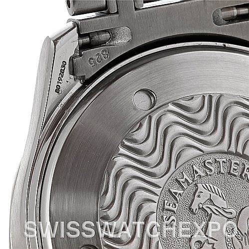 The image shows the back case and part of the bracelet hinge of an Omega Seamaster 2254.50.00 Men's Stainless Steel Black Dial 2254.50.00 Men's Stainless Steel Black Dial watch, highlighting the engraved logo.