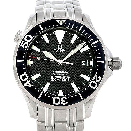 The image shows a front view of the Omega Seamaster 2254.50.00 Men's Stainless Steel Black Dial 2254.50.00 Men's Stainless Steel Black Dial watch, highlighting the dial, bezel, and part of the bracelet.