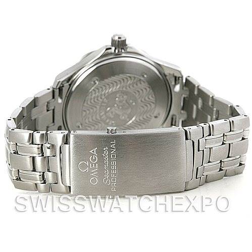This image shows the back case and clasp of an Omega Seamaster 2254.50.00 Men's Stainless Steel Black Dial 2254.50.00 Men's Stainless Steel Black Dial watch, highlighting the stainless steel bracelet and engraved clasp.