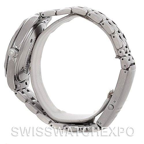 The image shows a side view of an Omega Seamaster 2254.50.00 Men's Stainless Steel Black Dial 2254.50.00 Men's Stainless Steel Black Dial watch, highlighting its stainless steel bracelet and crown.