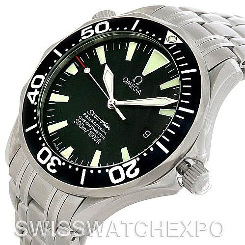 The image shows a close-up angled view of the Omega Seamaster 2254.50.00 Men's Stainless Steel Black Dial 2254.50.00 Men's Stainless Steel Black Dial watch, highlighting its dial, bezel, and stainless steel bracelet.