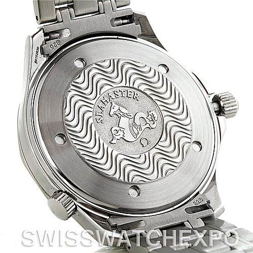 The image shows the case back of an Omega Seamaster 2254.50.00 Men's Stainless Steel Black Dial 2254.50.00 Men's Stainless Steel Black Dial watch with a visible wavy pattern and the Seamaster logo.