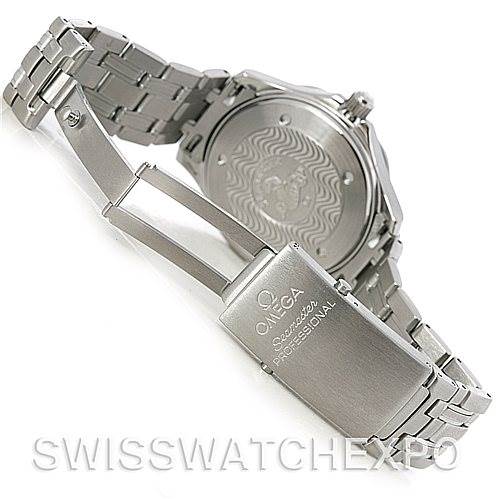 The image shows the back case and clasp of an Omega Seamaster 2254.50.00 Men's Stainless Steel Black Dial 2254.50.00 Men's Stainless Steel Black Dial watch, highlighting its metallic bracelet and buckle.