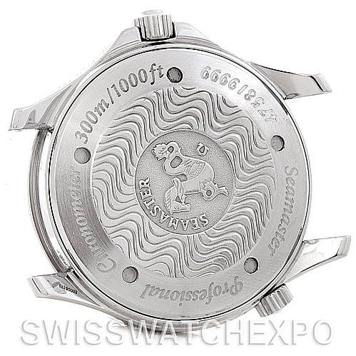 The image shows the back case of an Omega Seamaster 2533.50.00 Men's Stainless Steel Black Dial 2533.50.00 Men's Stainless Steel Black Dial watch, displaying its engraved details and specifications.