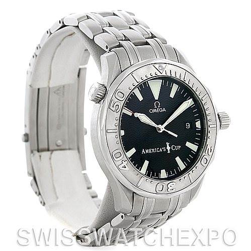 The image shows a side angle view of an Omega Seamaster 2533.50.00 Men's Stainless Steel Black Dial 2533.50.00 Men's Stainless Steel Black Dial watch, highlighting its bracelet, bezel, and dial.