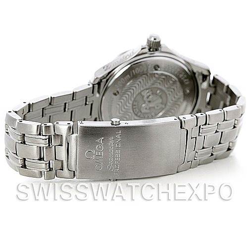 The image shows the back view of the Omega Seamaster 2533.50.00 Men's Stainless Steel Black Dial 2533.50.00 Men's Stainless Steel Black Dial watch, featuring its closed clasp and detailed case back.
