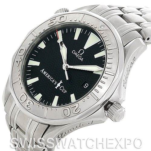 This image shows an Omega Seamaster 2533.50.00 Men's Stainless Steel Black Dial 2533.50.00 Men's Stainless Steel Black Dial America's Cup watch at an angled side view, focusing on the watch face, bezel, and part of the bracelet.