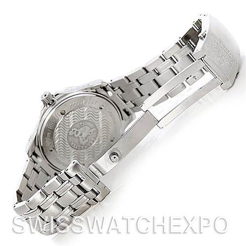 This image shows the back and partially opened bracelet clasp of an Omega Seamaster 2533.50.00 Men's Stainless Steel Black Dial 2533.50.00 Men's Stainless Steel Black Dial watch from an angled rear perspective.