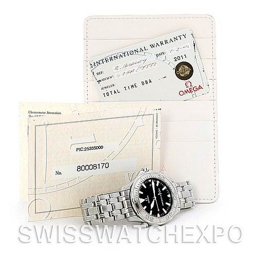 The image shows an Omega Seamaster 2533.50.00 Men's Stainless Steel Black Dial 2533.50.00 Men's Stainless Steel Black Dial watch placed in front of its warranty cards and holder.