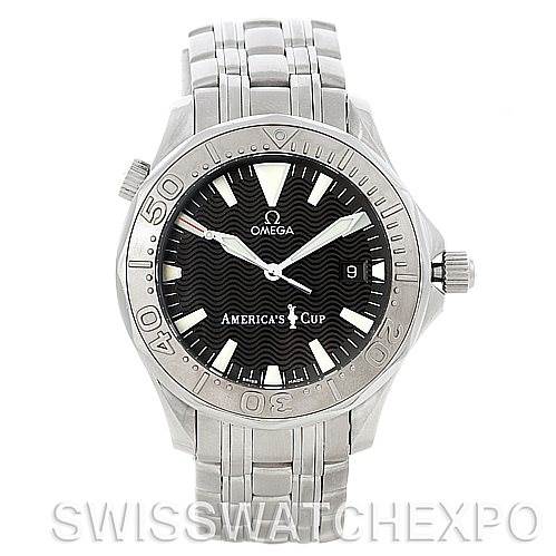 The image displays a front view of the Omega Seamaster 2533.50.00 Men's Stainless Steel Black Dial 2533.50.00 Men's Stainless Steel Black Dial watch, showcasing its dial, bezel, and stainless steel bracelet.