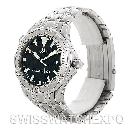 The image shows an angled side view of the Omega Seamaster 2533.50.00 Men's Stainless Steel Black Dial 2533.50.00 Men's Stainless Steel Black Dial watch, highlighting the bezel, dial, bracelet, and crown.