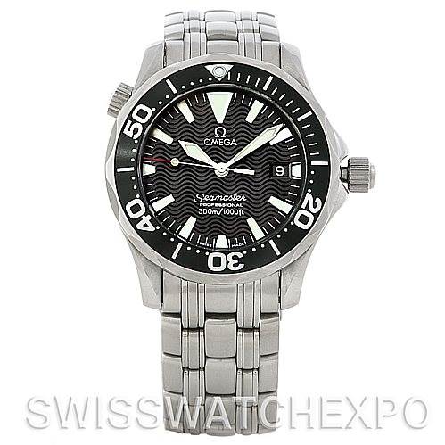 The image shows a front view of the Omega Seamaster 2252.50.00 Men's Stainless Steel Black Dial 2252.50.00 Men's Stainless Steel Black Dial watch, displaying the bezel, dial, hands, markers, and bracelet.