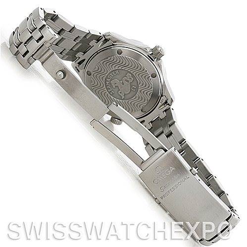 This image shows the back and clasp of an Omega Seamaster 2252.50.00 Men's Stainless Steel Black Dial 2252.50.00 Men's Stainless Steel Black Dial watch, highlighting the case back and bracelet closure.