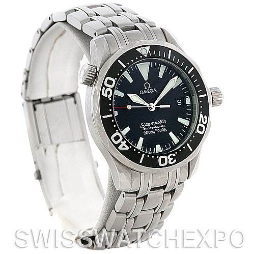 The Omega Seamaster 2252.50.00 Men's Stainless Steel Black Dial 2252.50.00 Men's Stainless Steel Black Dial watch is shown at a three-quarter angle, highlighting the bezel, dial, hands, and metal bracelet.