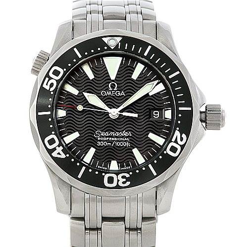The image shows a front view of the Omega Seamaster 2252.50.00 Men's Stainless Steel Black Dial 2252.50.00 Men's Stainless Steel Black Dial watch, highlighting the dial, bezel, crown, and bracelet.