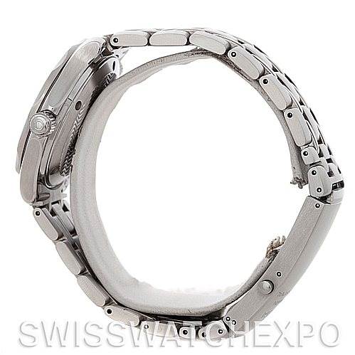 The image shows a side view of an Omega Seamaster 2252.50.00 Men's Stainless Steel Black Dial 2252.50.00 Men's Stainless Steel Black Dial watch, highlighting the bracelet, clasp, and case with the crown.