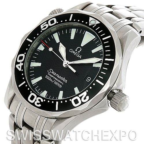 The Omega Seamaster 2252.50.00 Men's Stainless Steel Black Dial 2252.50.00 Men's Stainless Steel Black Dial watch is shown from a slightly angled top view, displaying the face, bezel, and part of the metal bracelet.