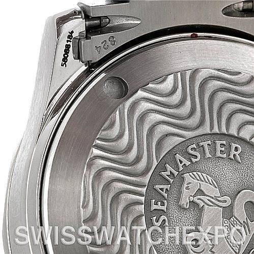 The image shows the back case of an Omega Seamaster 2252.50.00 Men's Stainless Steel Black Dial 2252.50.00 Men's Stainless Steel Black Dial watch, displaying its engraved logo and wavy pattern.