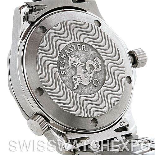 This image shows the back of an Omega Seamaster 2252.50.00 Men's Stainless Steel Black Dial 2252.50.00 Men's Stainless Steel Black Dial watch, highlighting its detailed case back design and crown.