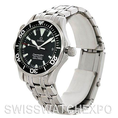 The Omega Seamaster 2252.50.00 Men's Stainless Steel Black Dial 2252.50.00 Men's Stainless Steel Black Dial watch is shown at a three-quarter angle, displaying its dial, bezel, crown, and stainless steel bracelet.