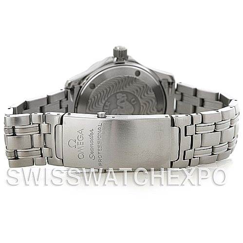 This image shows the back side of an Omega Seamaster 2252.50.00 Men's Stainless Steel Black Dial 2252.50.00 Men's Stainless Steel Black Dial watch, focusing on the clasp and part of the stainless steel bracelet.