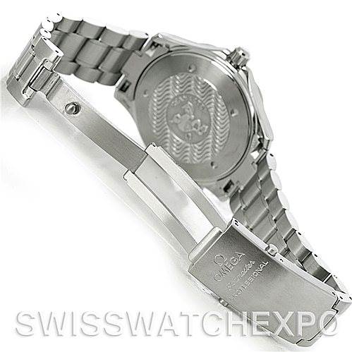 The image shows the clasp and case back of an Omega Seamaster 2254.50.00 Men's Stainless Steel Black Dial 2254.50.00 Men's Stainless Steel Black Dial watch, highlighting the bracelet and the engraved back design.