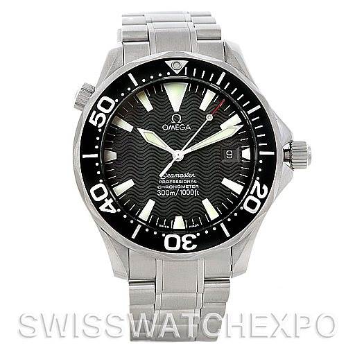 The image shows a front view of the Omega Seamaster 2254.50.00 Men's Stainless Steel Black Dial 2254.50.00 Men's Stainless Steel Black Dial watch, displaying its face, bezel, and metal bracelet.