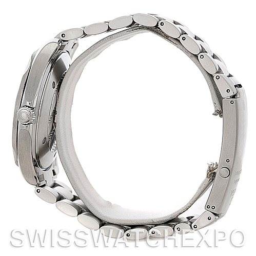 The image shows a side view of the Omega Seamaster 2254.50.00 Men's Stainless Steel Black Dial 2254.50.00 Men's Stainless Steel Black Dial watch, highlighting its metal band and case.