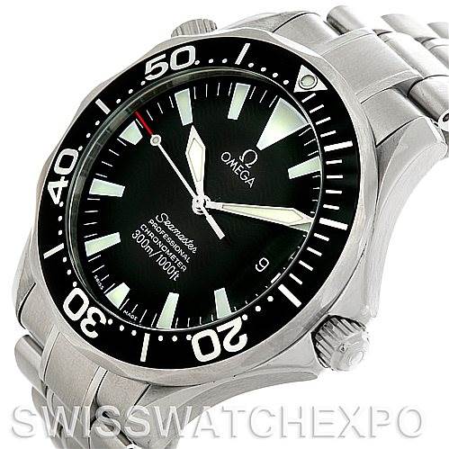 This image shows a three-quarter view of the Omega Seamaster 2254.50.00 Men's Stainless Steel Black Dial 2254.50.00 Men's Stainless Steel Black Dial watch, highlighting the face, bezel, crown, and bracelet.