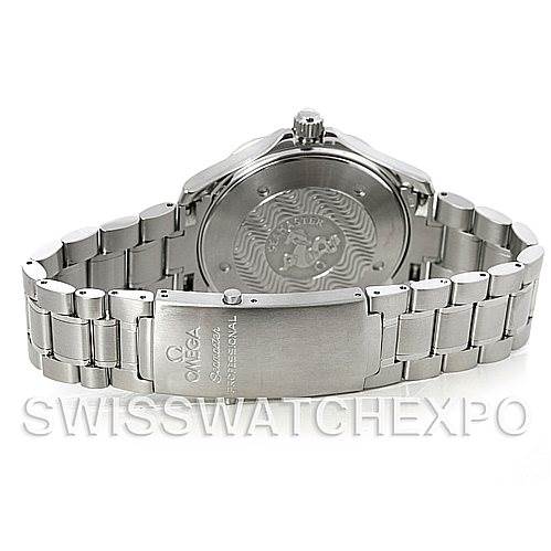 The image shows the back view of the Omega Seamaster 2254.50.00 Men's Stainless Steel Black Dial 2254.50.00 Men's Stainless Steel Black Dial watch, highlighting the clasp and engraved case back.