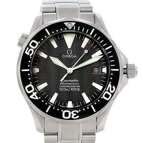 The image shows a front view of the Omega Seamaster 2254.50.00 Men's Stainless Steel Black Dial 2254.50.00 Men's Stainless Steel Black Dial watch, highlighting the dial, hands, markers, and part of the stainless steel bracelet.
